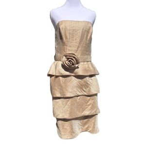 London Times Champagne Gold Shimmer Strapless Tiered Dress Rosette Belt Size 10